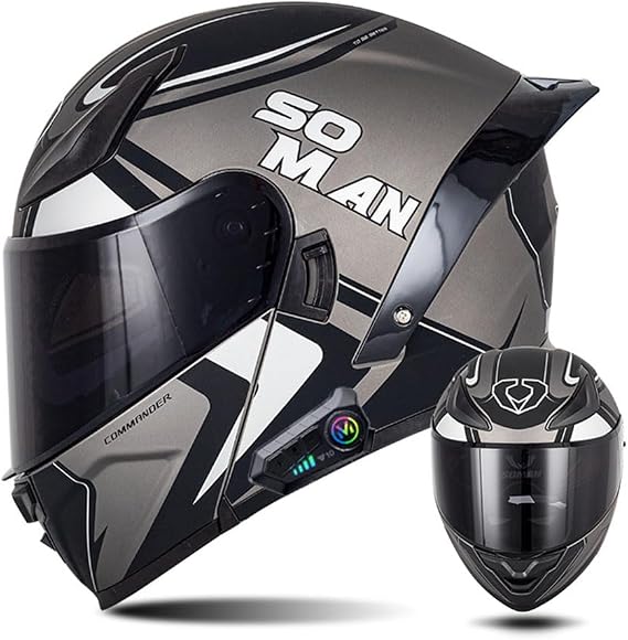 Cool Colorful Full Face Bluetooth Motorcycle Helmet Adult Men Women Sports Flip-Up Helmet with Tail ATV Motocross Chopper Cruiser Moped Racing Double Visor Street Helmet, DOT Approved, S-XXL