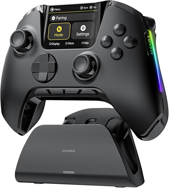 ManbaOne Interactive Screen Wireless Gaming Controller for PC/Switch/Switch 2/iOS/Android,Hall Effect Stick & Trigger,RGB Lighting,Remappable Buttons,1800mAh with Charging Dock