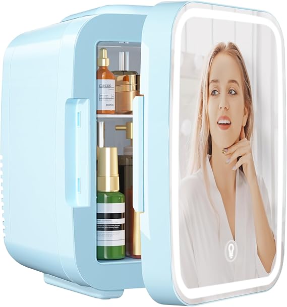 YASHE Skincare Fridge Mini Fridge for Bedroom with Dimmable LED Mirror, 4Liter/6 Cans Cooler and Warmer for Makeup, Cosmetic, Beauty, Portable Refrigerator for Bedroom, Vanity, Office and Car- Blue
