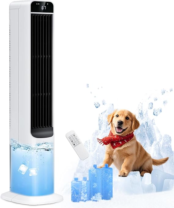 41" Portable Swamp Cooler, 1.32 Gallon Evaporative Air Cooler with 3 Modes, 12H Timer, Remote, 100 Oscillation, Ice Boxes, Quiet Energy Efficient Tower Cooler Fan for Bedroom, Living Room, Office