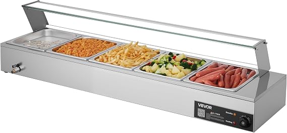 VEVOR Commercial Food Warmer with Glass Cover & 5 Containers (1/2 Size) 1.5kW Buffet Warmer Stainless Steel Buffet Container Buffet Water Bath Food Warming Station for Restaurants Parties Buffets