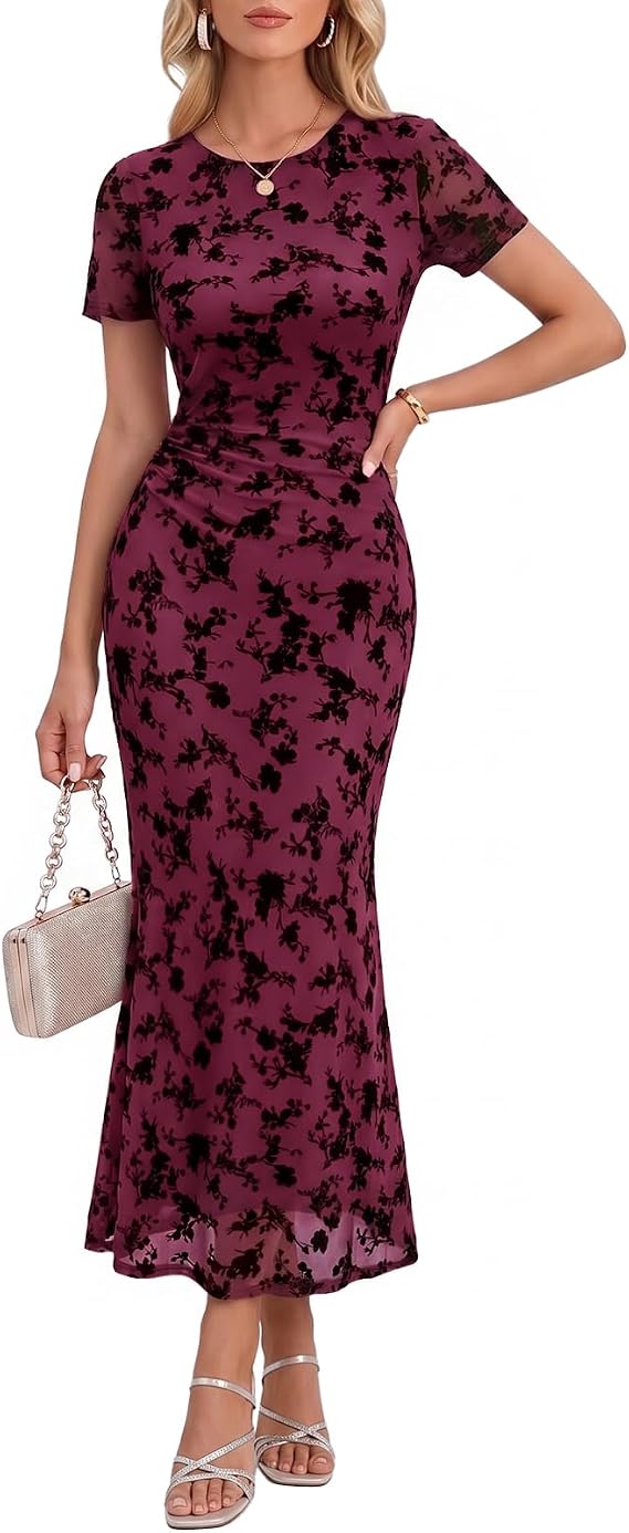 Floral Fall Wedding Guest Long Dress Bodycon Formal Cocktail Evening Dress