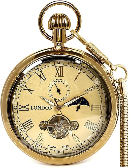 VIGOROSO Classic Mechanical Pocket Watches for Men Pocket Watch with Chain | Full Copper vintage hand wind pocket watches, Retro analog pocketwatch with moon phase & 24 hours sub-dials, Gifts for men