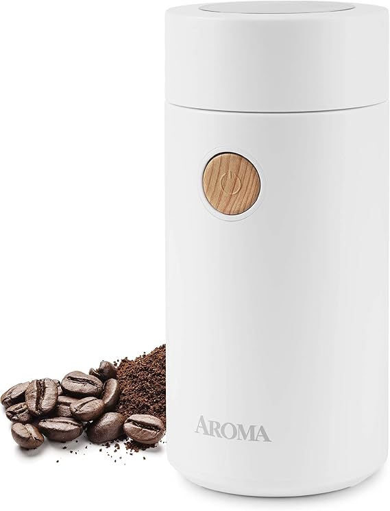 Aroma Housewares Mini Coffee Grinder and Electric Herb Grinder with 304 Stainless Steel Grinding Blades and a Premium Clear Lid (40 g.), White