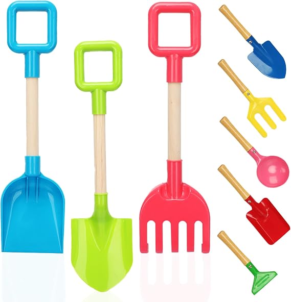 Mototo 8-Pieces Kids Shovels for Digging Dirt, Beach Sand Toy 16 Inch Long Beach Shovel Spade Sand Rake with Sturdy Wooden Handle Spoon Fork Rake Spade Kid Garden Tools for Sandbox Snowing Planting