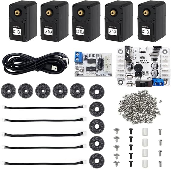 5 Packs LX-16A Serial Bus Servo with Servo Controller & Debug Board, Dual Bearing Full Metal Gear Steering Servo for RC Robot DIY, High Torque Servo 17KG.CM 6V - 19.5KG.CM 7.4V, Control Angle 240