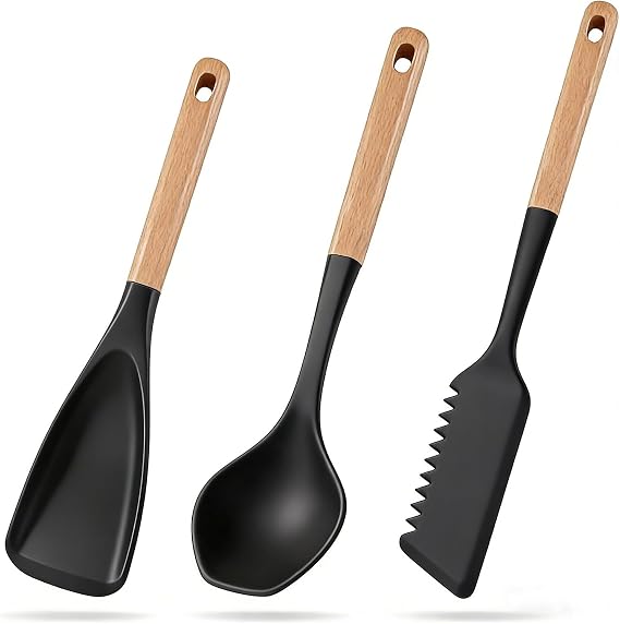 Silicone Spatula Set, 3Pcs Cooking Spatulas Spoons for Nonstick Cookware, Heat Resistant Multifunction Spoon with Wood Handle for Mixing, Scoop and Scrape (Black)