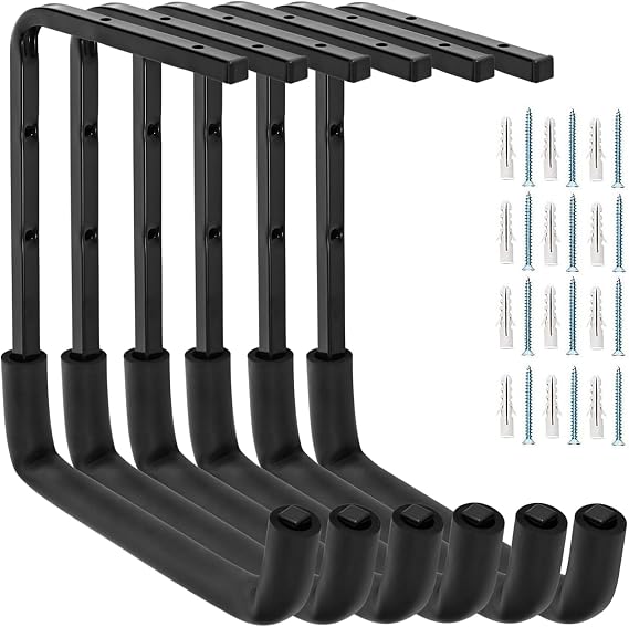 Ceiling Mounted Garage Hooks, Overhead Garage Storage Rack, Utility Ladder Hangers for Lumber Bike Tools (9.45 x 12.6 Inch) (6)
