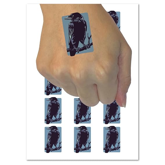 Wise Black Raven Crow Perched on Branch Temporary Tattoo Water Resistant Fake Body Art Set Collection - 15 2" Tattoos (1 Sheet)