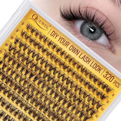 QUEWEL Lash Clusters 320Pcs Cluster Lashes 30D D Curl Lash Cluster Eyelash Extensions Mix9-16mm Individual Eyelashes Clusters Wispy Lash Clusters Thin Band Soft to Use at Home30D D Mix9-16