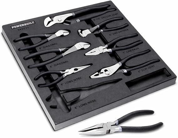 Powerbuilt 8 Piece Master Pliers Set, Long Reach, Diagonal, Slip Joint, Adjustable, Linesman, Groove Joint, End Nippers, Hand Tools Organizer Tray - 949023