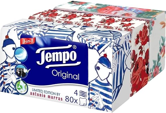 Tempo Paper Tissues Box, 3 Boxes of 80 Disposable Tissues, 4-Ply, Limited Edition Seletti Box, 4 Assorted Graphics, Recyclable Pack of Natural Origin