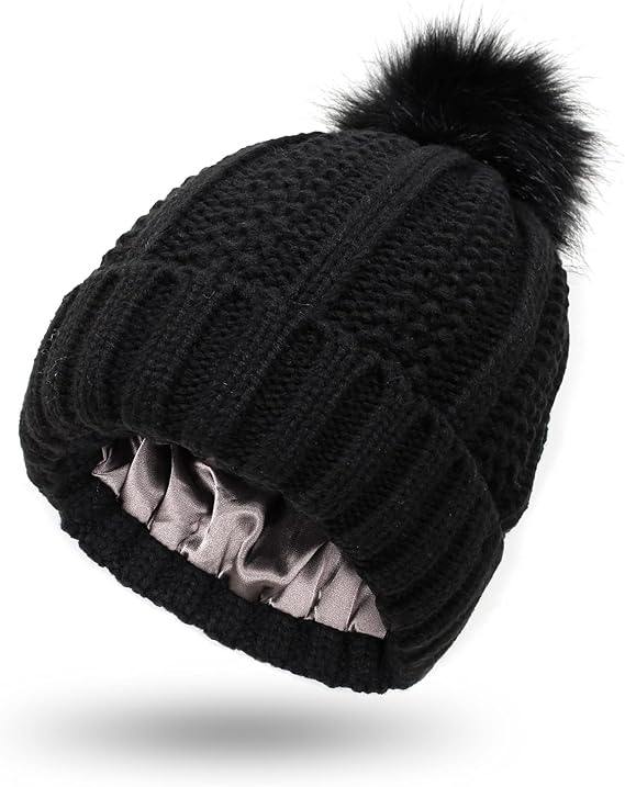 Winter Knitted Beanie Hat Soft Warm Satin Lined Ski Cuff Cap with Pom Pom for Girls and Women