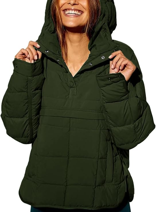 Womens's Lightweight Down Coat Long Sleeve Button Quilted Pullover Puffer Jacket Packable Hooded Winter Coat(Army Green,Medium)