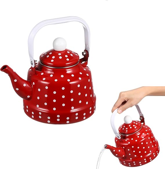 Cabilock Red Tea Kettle, 1.8 Quart Vintage Enamel Tea Kettle for Stovetop, Non-Whistling with Polka Dot Design and Ceramic-Style Handle, Retro Kitchen Decor Water Pot for Home Coffee