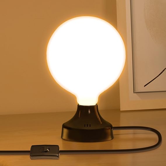 Industrial Table Lamp, Vintage Bedside Lamps with Plug in Cord On/Off Switch, E27 Lamp with Globe Opal Bulb, 360° Beam Angle, 3000K Warm White, Ideal for Bedroom, Living Room, Study, Office [Energy Class G]