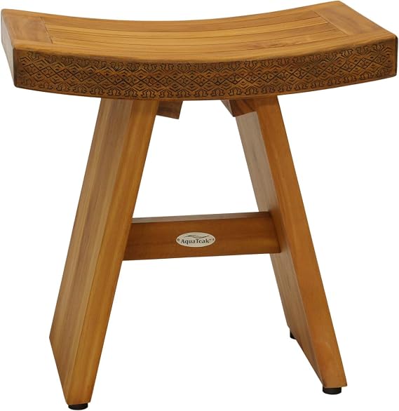 18" Asia Artisan Teak Shower Bench with Carved Pattern on Seat Front | Durable, Water-Resistant Teak, Shower Chair & Shaving Foot Rest, Indoor/Outdoor Use