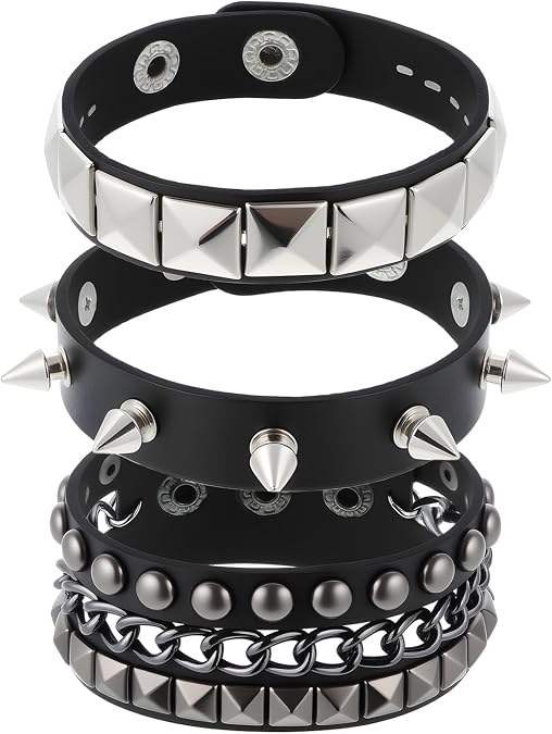 3 Piece Punk Rock Studded Bracelets Black Spiked Leather Cuff Bracelet for Men Women Adjustable Goth Bracelets 80s Retro Style Wristband Halloween Party Accessories
