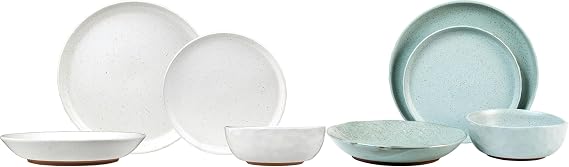 Sango Kaya 16-Piece Stoneware Dinnerware Set Service for 4, Plate & Bowl Set, Featuring Rustic Blue Speckled Design, for Everyday Dining & Entertainment, Microwave & Dishwasher Safe