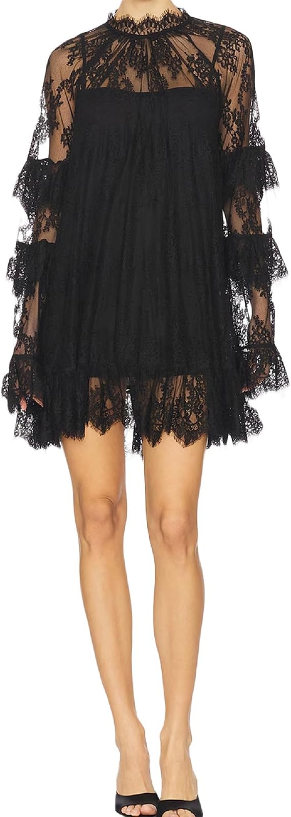 Women Lace Sheer Mini Dress Long Sleeve High Neck Floral See Through Beach Dress Sexy Loose Fit Cover Up Dresses