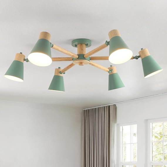 Green Ceiling Lights 6-Lights,Wood and Iron Chandeliers Ceiling Light Adjustable Light Arms Lamp E27 Modern Ceiling Lights Living Room for Kitchen Bedroom [Energy Class F]