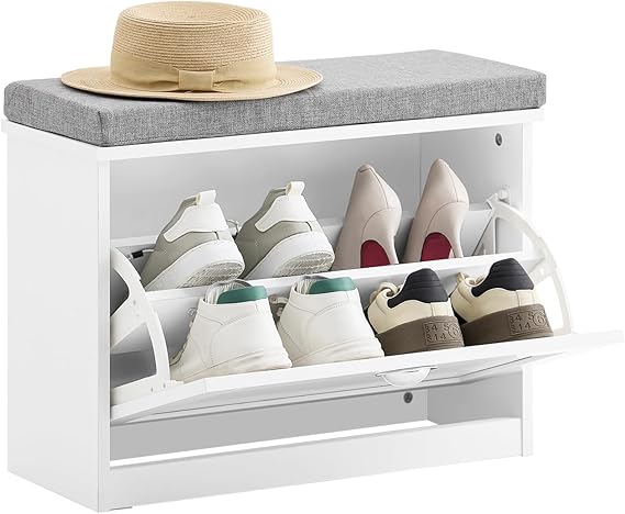 Haotian Small Shoe Cabinet for Entryway | Narrow Shoe Storage Bench with 1 Flip-Drawer and Seat Cushion, White, FSR95-K-W