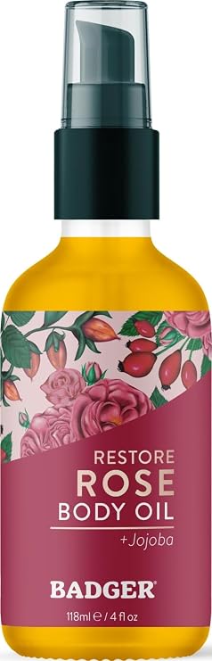 Badger Organic Rose Body Oil, Jojoba & Pomegranate, 4 fl oz Glass Bottle