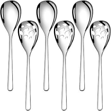 6-Piece Slotted & Solid Serving Spoons Set, 9.4 Inch Stainless Steel Perforated Serving Spoons for Vegetables, Salad, Pasta, 3 Tablespoons, 3 Slotted Spoons