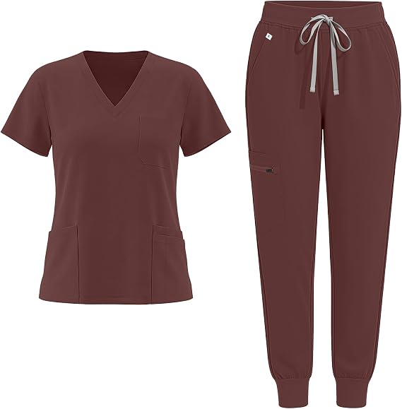 Scrubs for Women Set - V-Neck Medical Scrub Top & Pant 11 Pockets