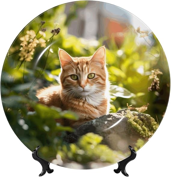 PHAYAH Cat in The Garden Pattern Bone China Decorative Plate 8in with Display Stand Dinner Plates for Home Study and Entryway Office Decor