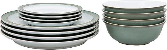 Denby - Regency Green Dinner Set For 4 - 12 Piece Green, White Ceramic Tableware Set - Dishwasher Microwave Safe Crockery Set - 4 x Dinner Plates, 4 x Small Plates, 4 x Cereal Bowls