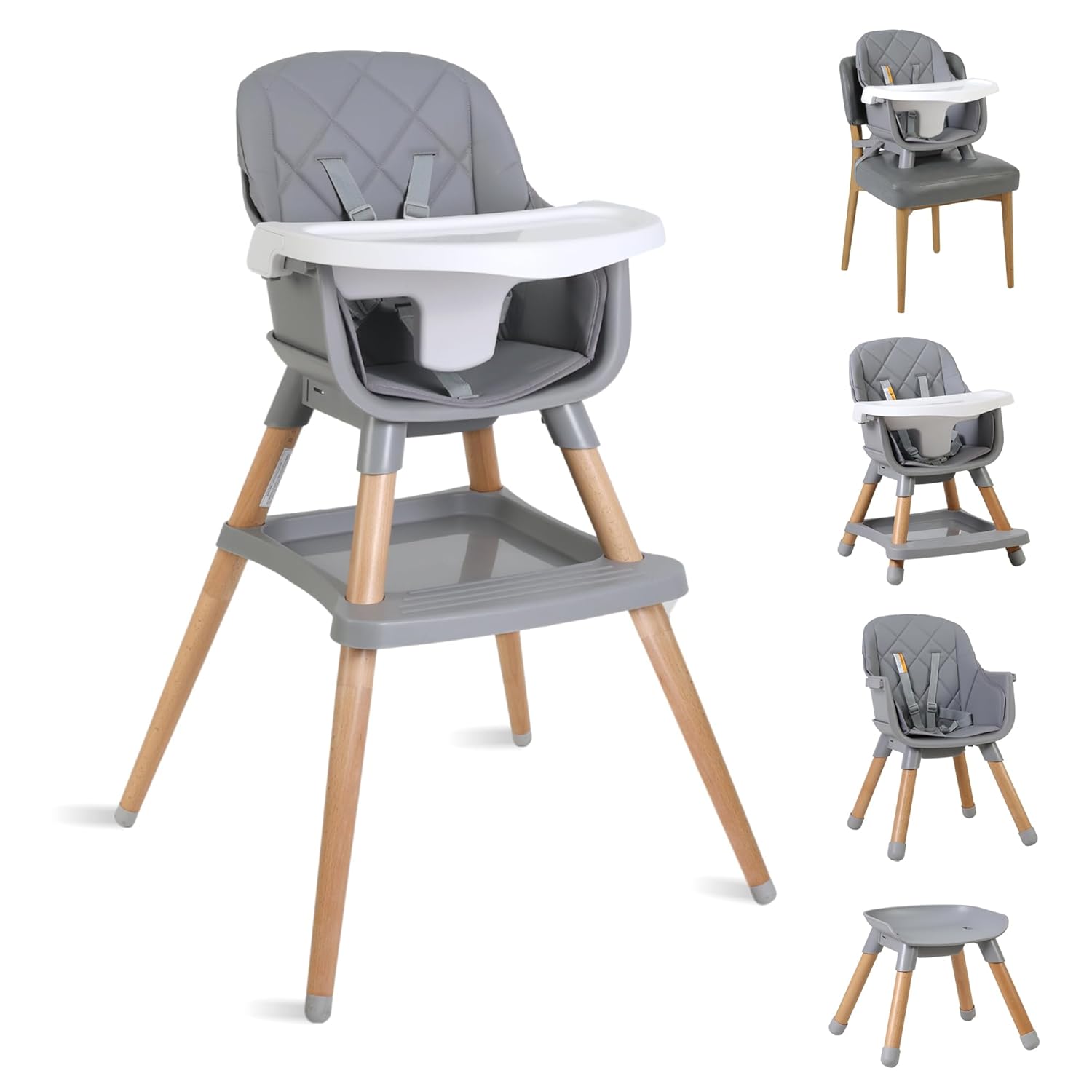 7 in 1 Wooden High Chairs for Babies Toddlers, Convertible to Booster Seat, Baby Feeding Highchair w 5-Point Safety Harness, Removable Tray & Cushion Grey