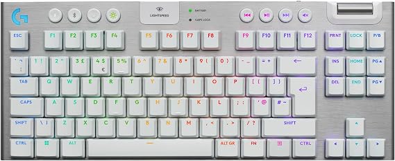 Logitech G G915 X Lightspeed TKL Low-Profile Wireless Gaming Keyboard, Double-Shot PBT Keycaps, Fully Programmable Keys, RGB Backlighting, GL Brown Tactile - PC/Mac, QWERTY UK Layout - White