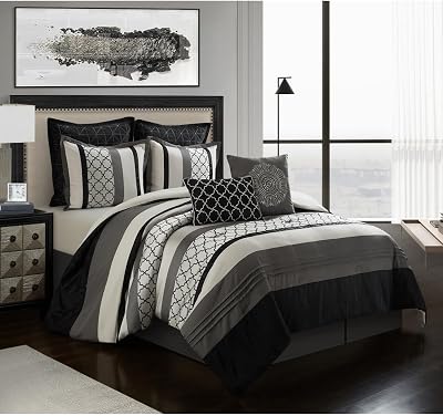 TRP 8 Piece Bed in a Bag Moroccan Print Color Block Intricated Design Boho Comforter Set King Size | All Seasons Aesthetic Bedding Black & White Silver Plush Cozy Bed Guestroom Cohesive Design