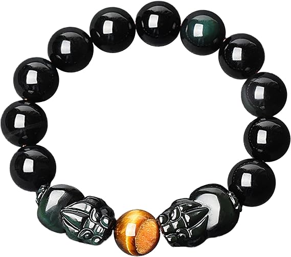 Pi Xiu Bracelet Rainbow Obsidian Double Piyao Feng Shui Wealth Bracelet Money Bag Pi Xie Charms Talisman Evil Eye Jewelry Tiger Eye Auspicious Crystal Bracelet Windfall Money Luck,12mm
