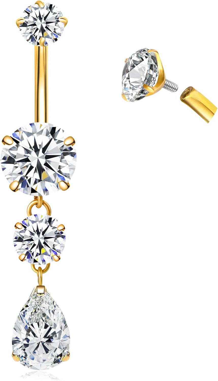 ONESING 14G Gold Dangle Belly Button Ring G23 Titanium Belly Rings for Women Hypoallergenic CZ Dangly Belly Button Piercing Internally Threaded Curved Barbell Belly Piercing Jewelry 10mm