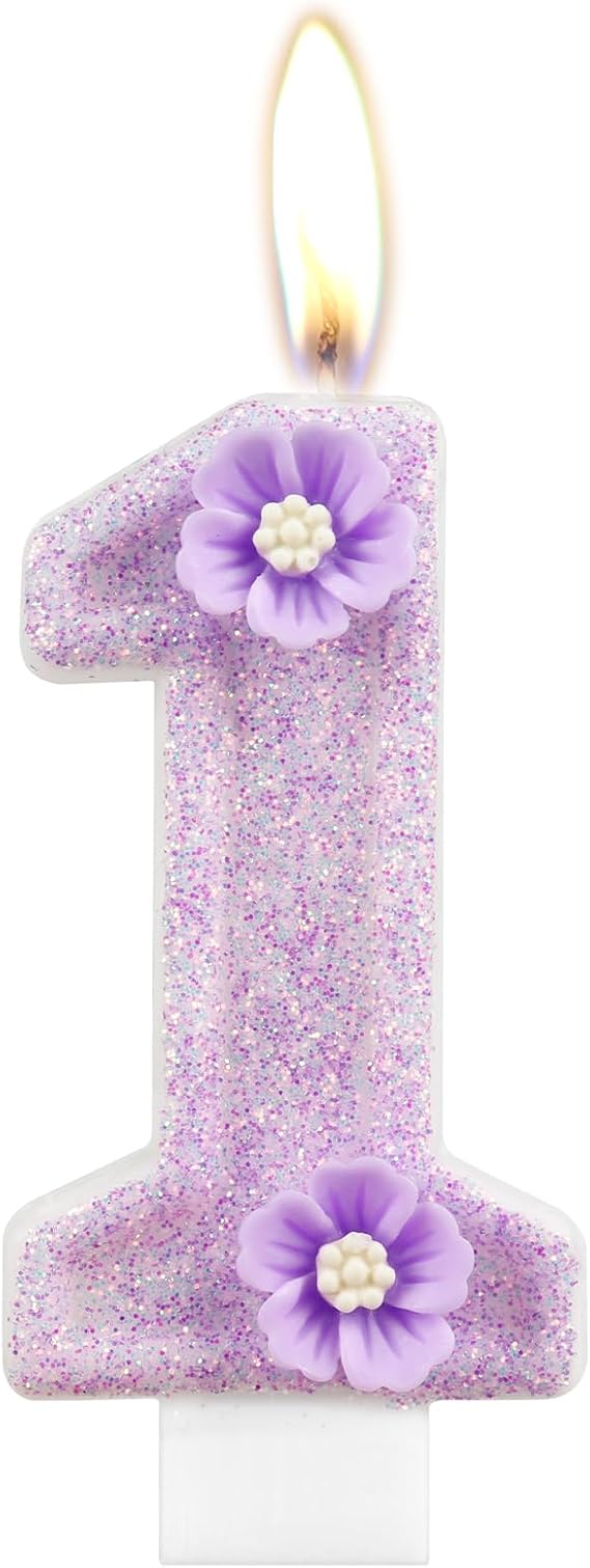 Birthday Number 1 Candles, Purple Flower 1st Birthday Candles for Cake Topper Decorations, Birthday Party Wedding Anniversary Celebration Supplies
