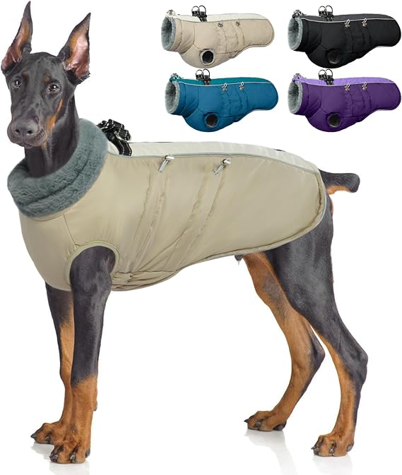 IDOMIK Warm Dog Coat with Harness, Waterproof Reflective Dog Jackets for Large Dogs, Fleece High Collar Winter Jacket with Zipper, Pet Winter Snowsuit Clothes for Cold Weather,Khaki XL