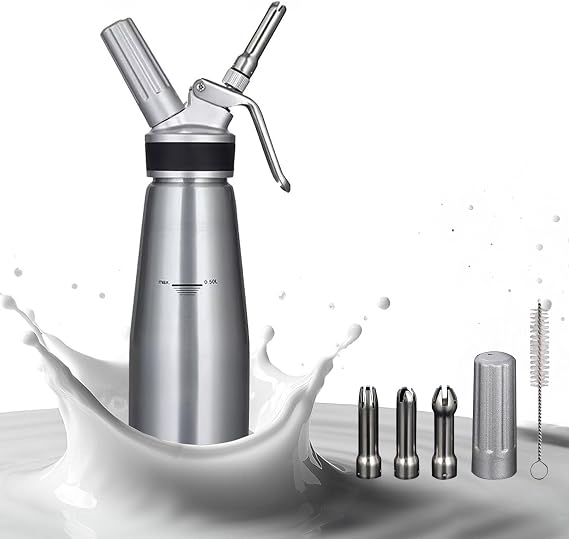 Profi Aluminum Whipped Cream Dispenser for Home Chef, Homemade Cream Maker Canister 500ml for Desserts Chocolate Gourmet