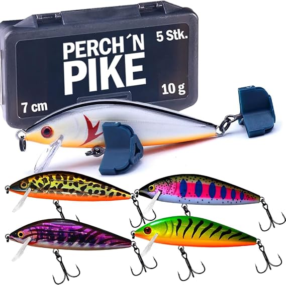 Set of 5 Wobblers with Tackle Box 7 cm I 10 g Sinking Minnow Trout Bait Artificial Bait for Spin Fishing for Trout Perch Pike and Zander Fishing Accessories in Various Designs for Predator Fish Fishermen