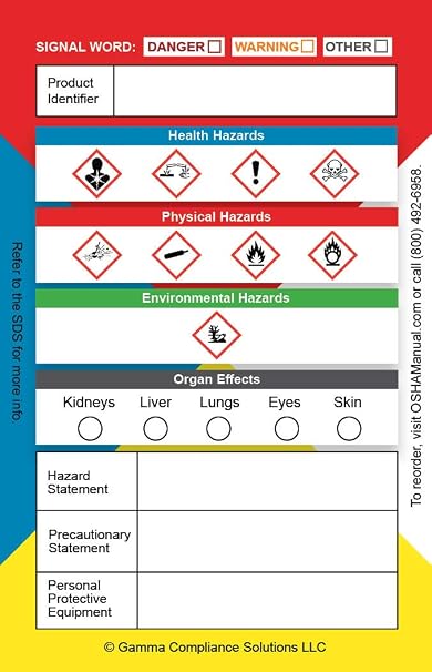 Globally Harmonized System (GHS) Secondary Container Labels, 3.5 x 2.25 Inches, 100 Labels per Roll, Adhesive, Glossy Finish