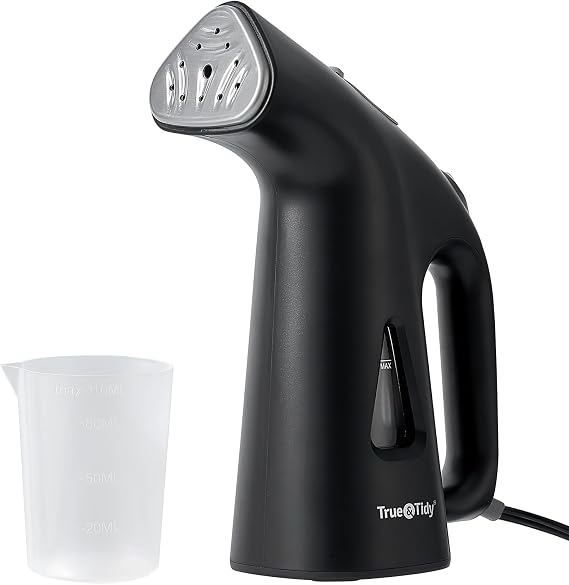 True & Tidy Steamer for Clothes, Portable Handheld Garment Fabric Wrinkles Remover, 800 watts of steam, Stainless Steel Steam Plate, Black