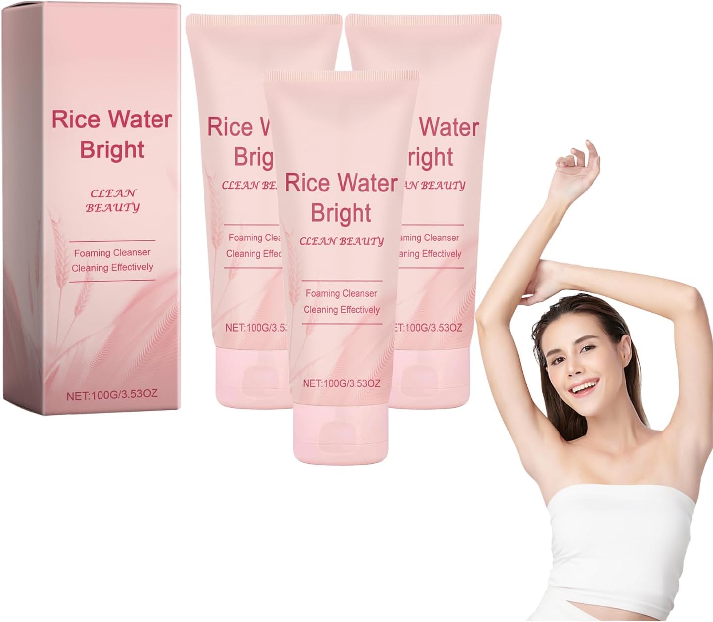 Rice Water Bright Foaming Cleanser with Real Rice Powder - Gentle Exfoliating Face Wash for Oily Skin, Deep Cleansing Pores, Creamy Lather Moisturizing Cleanser for Women and Men, 100g 3 PCS