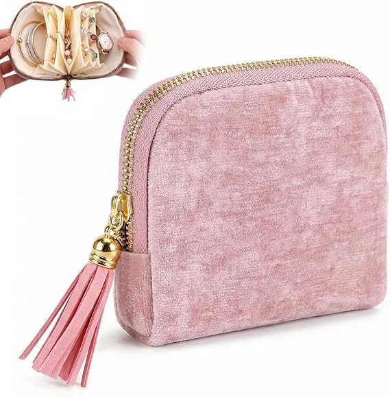 Travel Jewellery Box, Small Jewellery Organiser Case for Necklaces, Earrings, Rings & Bracelets, Portable Mini Jewellery Pouch with Zipper, Ideal Gift Box for Women & Girls (Pink)