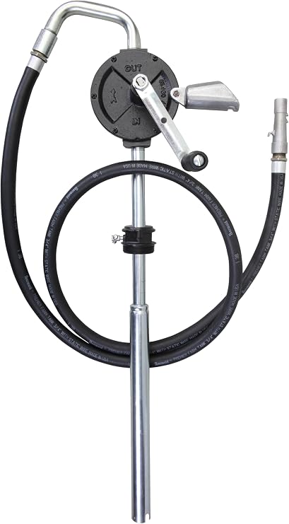 Groz 44081 Industrial Rotary Fuel Transfer Pump, 10 GPM Cast Iron Hand Pump with Anti-Static Hose & Non-Sparking Nozzle for Diesel, Gas, Oil Drums