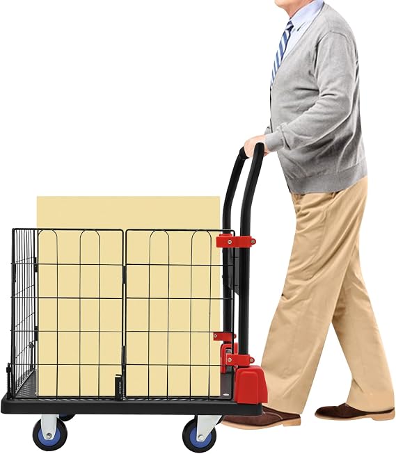330lbs Capacity Folding Hand Truck with Removable Cage 4-Inch Wheels Convertible Flatbed Cart for Moving Grocery Warehouse Store Logistics