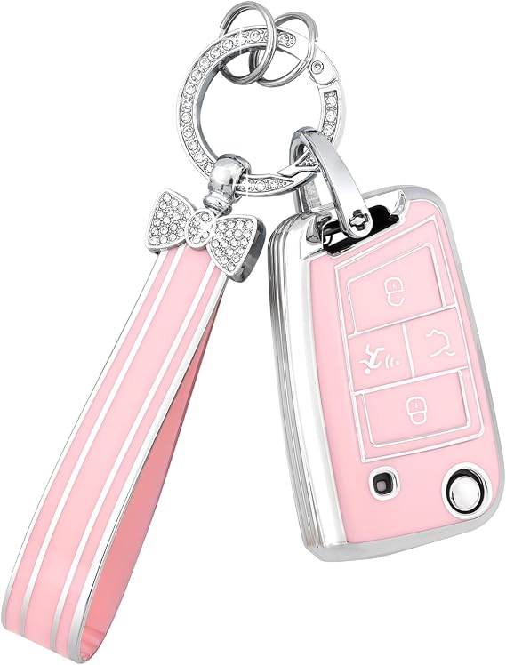 PIFOOG Key Fob Cover for Volkswagen VW Tiguan Jetta Golf GTI Altas S Pink 4 Button Car Keys Case Shell Full Covers Accessories Bling Keychain Protector Girly Women TPU