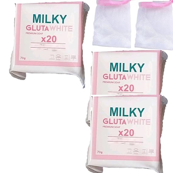 Milky Gluta White Soap 20x, 70g Glutamilk Whitening Soap,Milkygluta White Bar Soaps,Gluta Milk Barsoap for Face, Body, For Firm & Brightening Skin, Deep Cleans, Exfoliate (3pc)