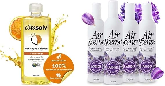 Citra Solv & Air Scense | Special Bundle | Concentrated Cleaner & Degreaser 8 fl oz| Essential Oil Air Freshener 7 fl oz Lavender 4PK | Household Cleaner Non-Aerosol | Valencia Orange & Lavender