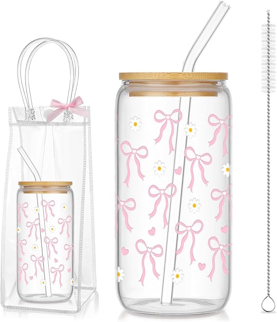 saerryor Glass Ice Coffee Cup with Straw and Lid for Women Girls(Pink Bow)